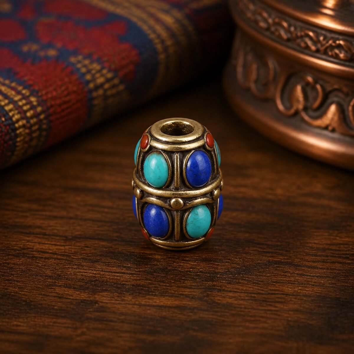 33-lapis-turquoise-oval-barrel-12x9mm Tibetan Brass Inlay Spacer Beads for DIY Malas