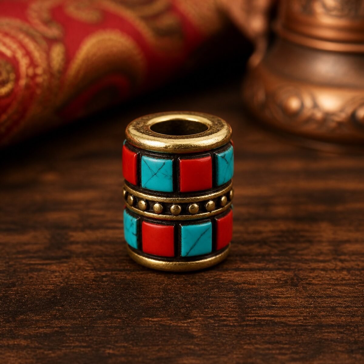34-square-turquoise-coral-inlay-barrel-10x10mm Tibetan Brass Inlay Spacer Beads for DIY Malas