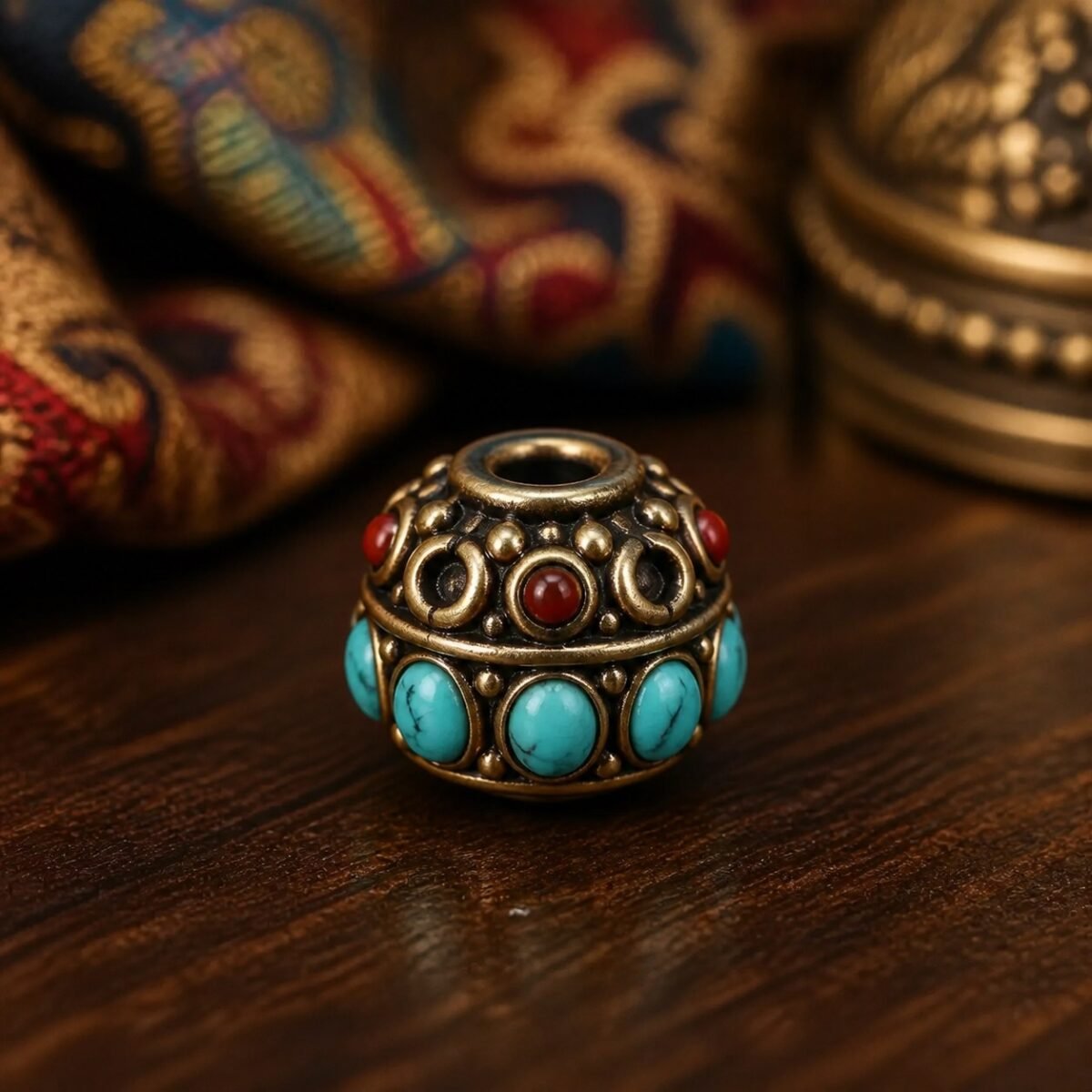 36-turquoise-garland-round-spacer-10x9mm Tibetan Brass Inlay Spacer Beads for DIY Malas