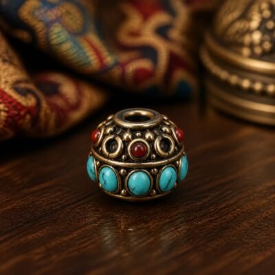 36-turquoise-garland-round-spacer-10x9mm Tibetan Brass Inlay Spacer Beads for DIY Malas