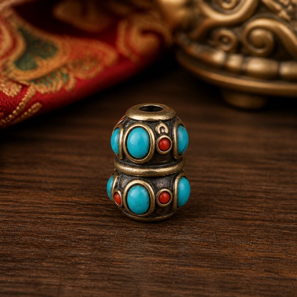 39-double-gourd-turquoise-coral-spacer-12x9mm Tibetan Brass Inlay Spacer Beads for DIY Malas