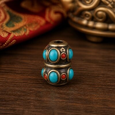 39-double-gourd-turquoise-coral-spacer-12x9mm Tibetan Brass Inlay Spacer Beads for DIY Malas