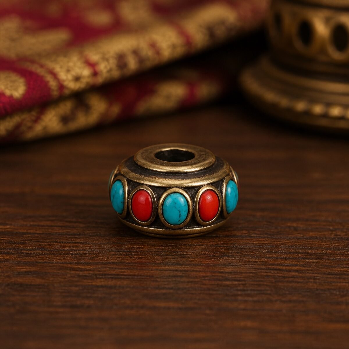 40-turquoise-coral-saucer-rondelle-10x6mm Tibetan Brass Inlay Spacer Beads for DIY Malas