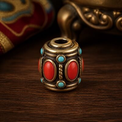 41-coral-prayer-drum-barrel-10x10mm Tibetan Brass Inlay Spacer Beads for DIY Malas
