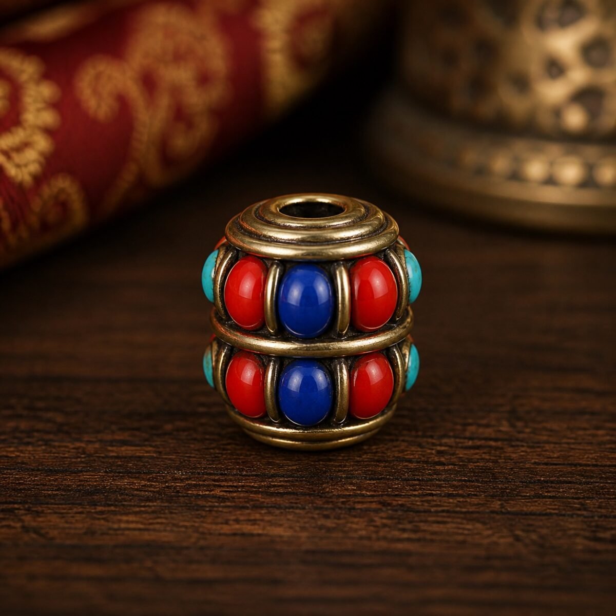 45-red-blue-stripe-wide-barrel-11x10mm Tibetan Brass Inlay Spacer Beads for DIY Malas