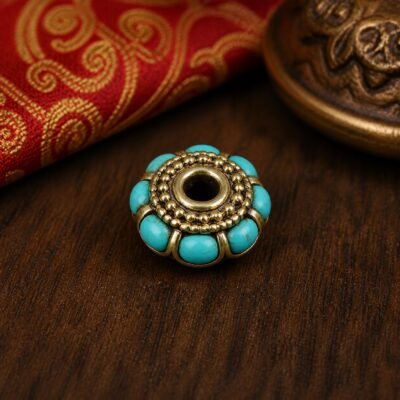 46-turquoise-petal-flower-rondelle-10x8mm Tibetan Brass Inlay Spacer Beads for DIY Malas