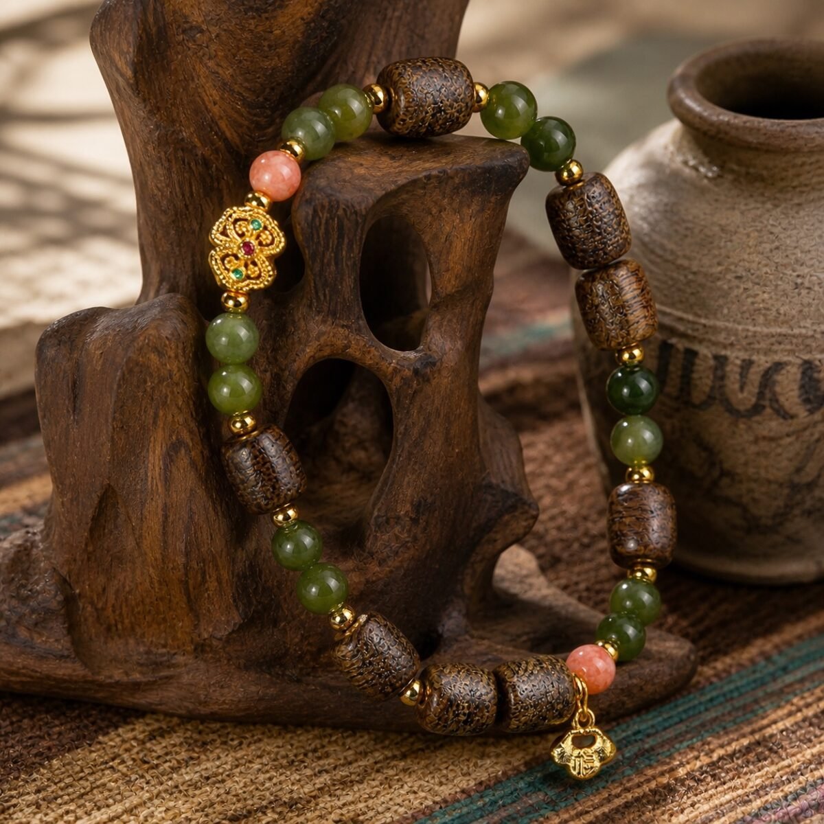 Agarwood Green Jade & Red Agate Bracelet