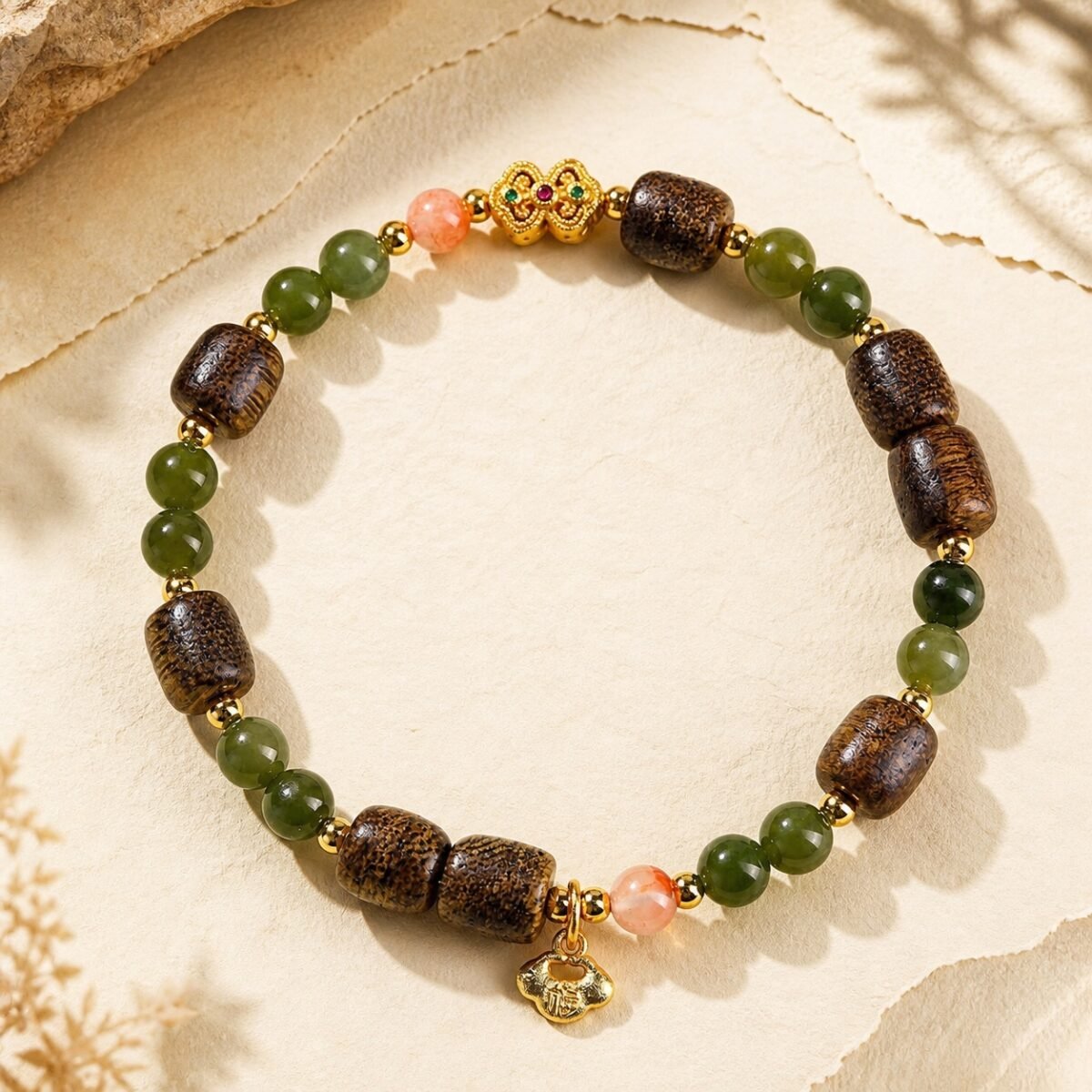 Agarwood Green Jade & Red Agate Bracelet