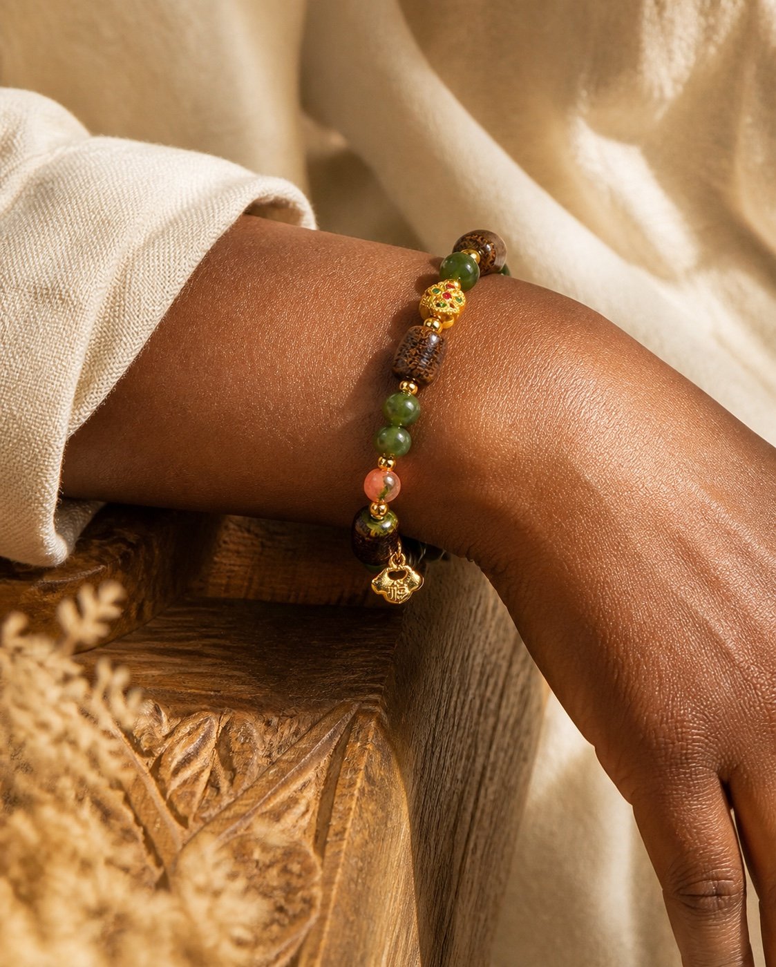 Agarwood Green Jade & Red Agate Bracelet