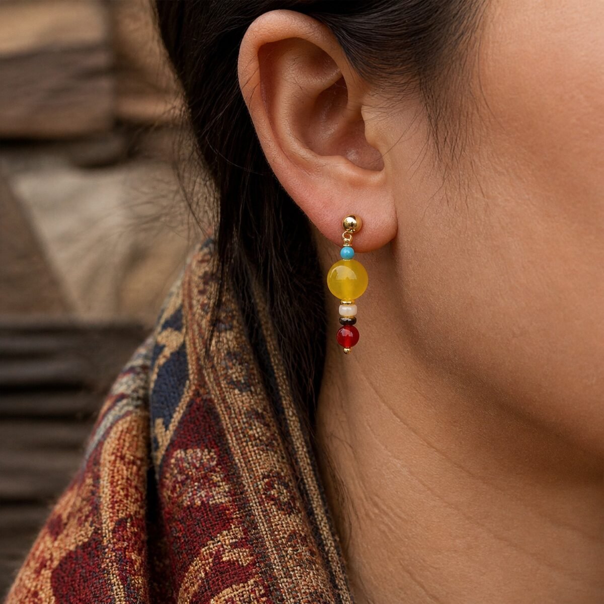 Amber Agate & Red Coral Post Earrings
