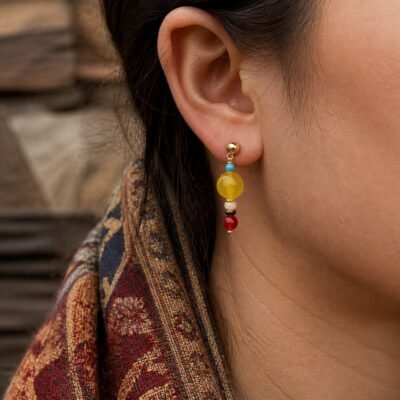 Amber Agate & Red Coral Post Earrings