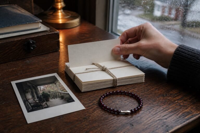 A hand adds a dated card to an annual memory archive beside a garnet bracelet and photograph