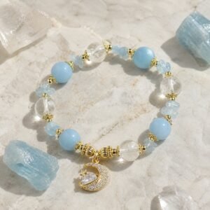 Aquamarine Moonstone Moon Princess Bracelet with pale blue beads and celestial accents