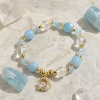 Aquamarine Moonstone Moon Princess Bracelet with pale blue beads and celestial accents
