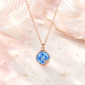 Aquarius rose gold crystal zodiac necklace with aqua-blue crystal and Aquarius glyph