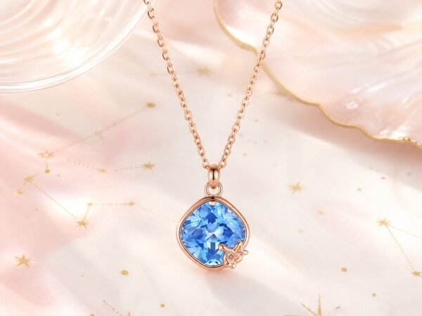 Aquarius rose gold crystal zodiac necklace with aqua-blue crystal and Aquarius glyph