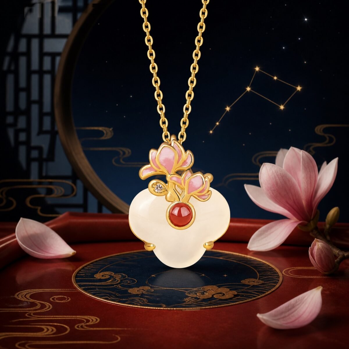 Aquarius magnolia necklace pendant in gold-tone S925 sterling silver with white chalcedony and red agate
