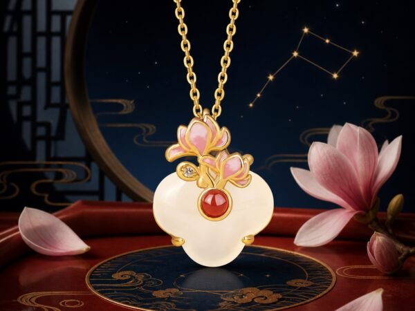 Aquarius magnolia necklace pendant in gold-tone S925 sterling silver with white chalcedony and red agate