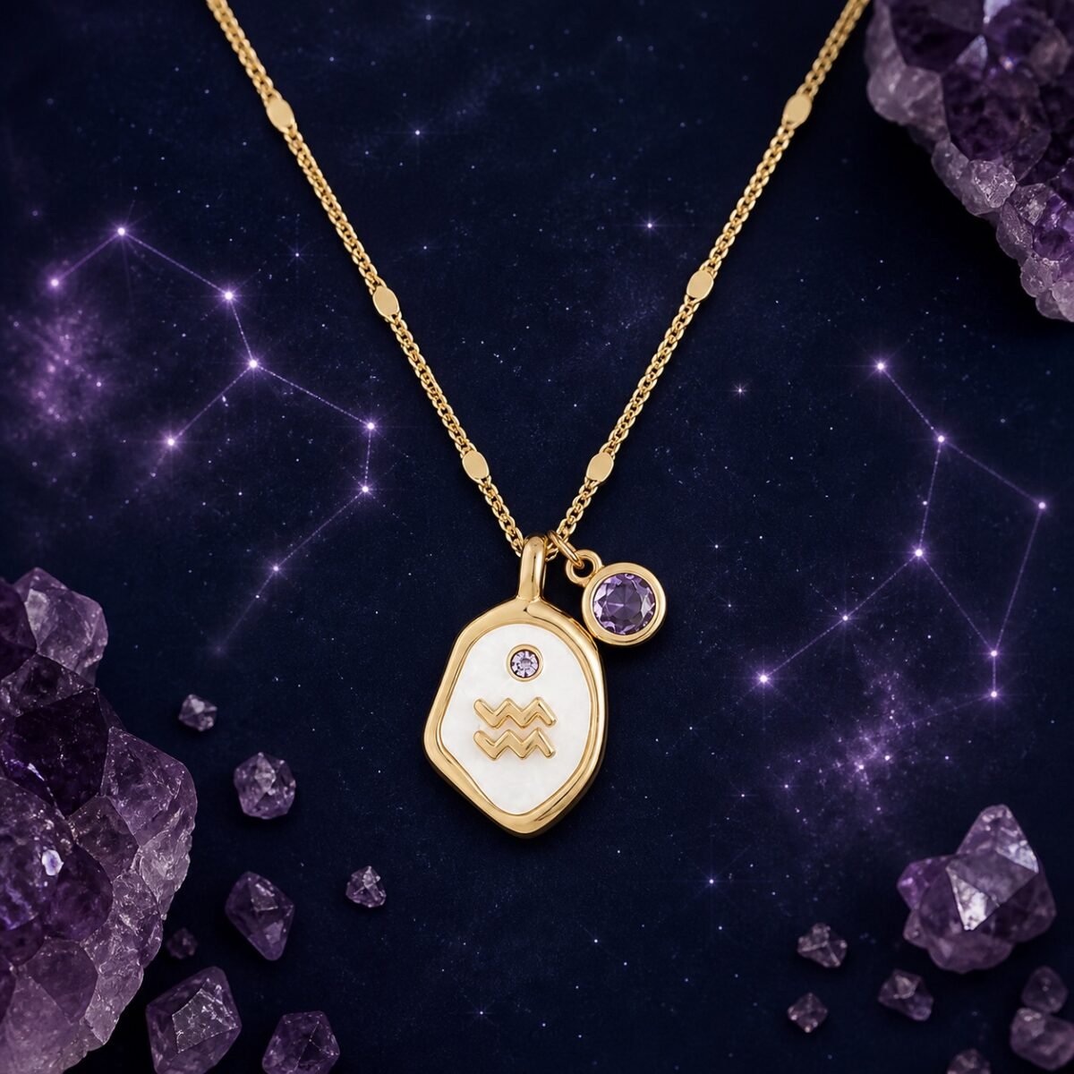 aquarius-pearlescent-zodiac-birthstone-necklace-01-product Aquarius Amethyst Necklace with pearlescent zodiac medallion, raised gold-tone Aquarius glyph and natural amethyst charm.