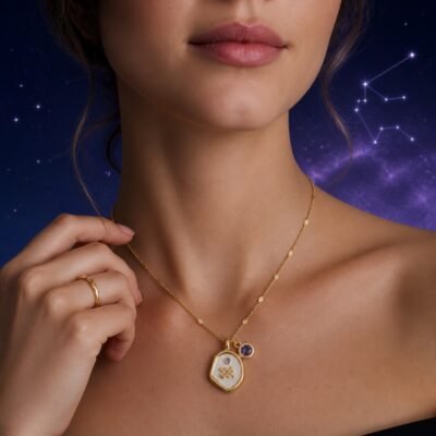 aquarius-pearlescent-zodiac-birthstone-necklace-02-worn-light Aquarius Pearlescent Zodiac Birthstone Necklace