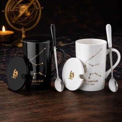 Aquarius Ceramic Mug Set with gold-fired constellation design, ceramic lid, and spoon