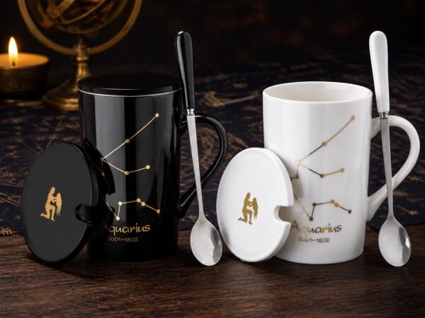 aquarius-zodiac-constellation-ceramic-mug-set-01-black-white-pair Aquarius Ceramic Mug Set with gold-fired constellation design, ceramic lid, and spoon
