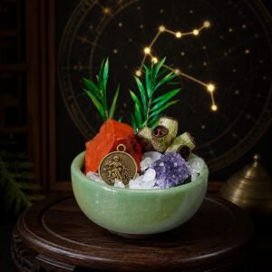 Aquarius Crystal Micro-Landscape Desk Decor with red jasper, amethyst, clear quartz, botanical accents, and zodiac medallion