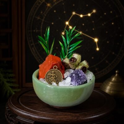 Aquarius Crystal Micro-Landscape Desk Decor with red jasper, amethyst, clear quartz, botanical accents, and zodiac medallion