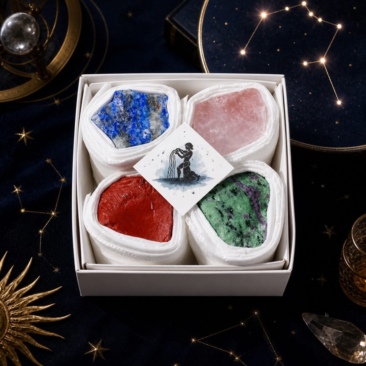 Aquarius Four Raw Crystal Gift Set in a box with four natural raw stones