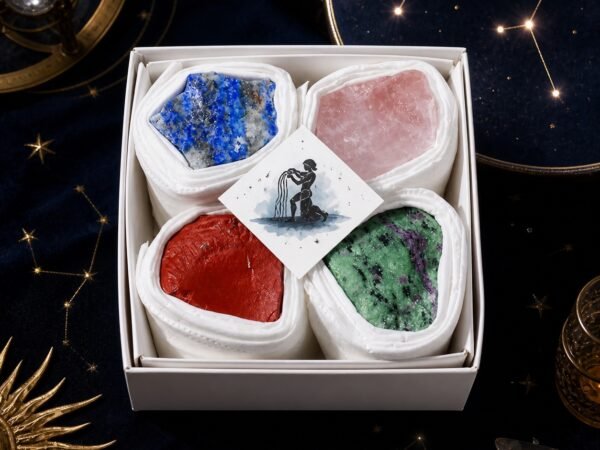 Aquarius Four Raw Crystal Gift Set in a box with four natural raw stones