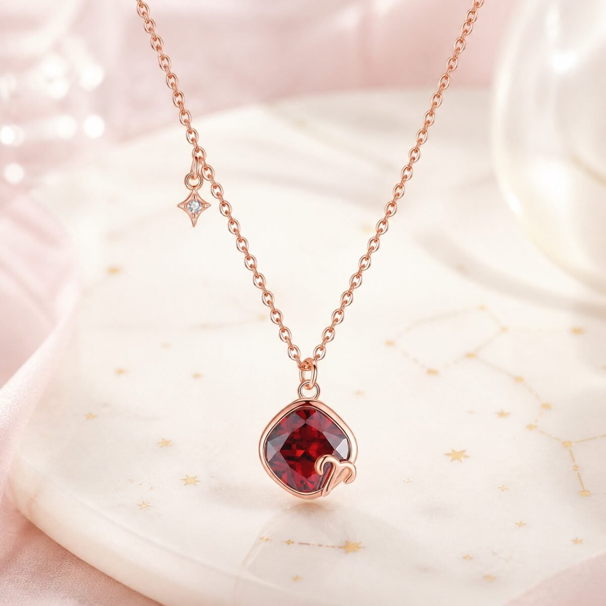 Aries rose gold crystal zodiac necklace with garnet-red crystal and Aries glyph