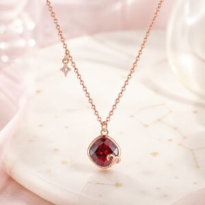 Aries rose gold crystal zodiac necklace with garnet-red crystal and Aries glyph