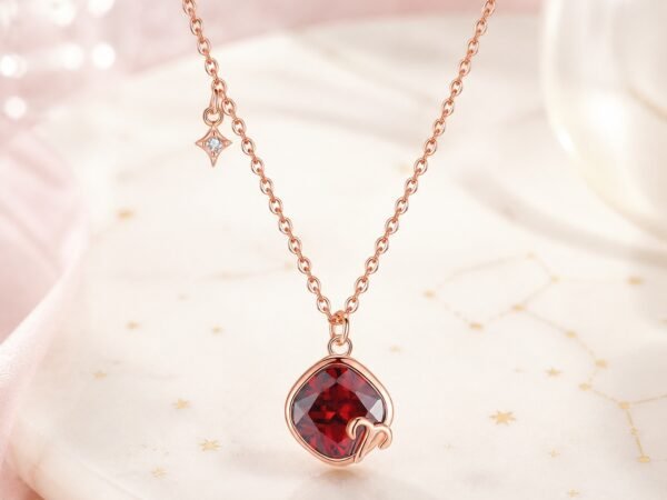 Aries rose gold crystal zodiac necklace with garnet-red crystal and Aries glyph