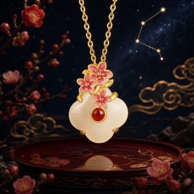 aries-eastern-guardian-flower-necklace-01-product Aries Plum Blossom Necklace with a white chalcedony pendant, red agate detail, gold-tone chain, and plum blossom flowers.