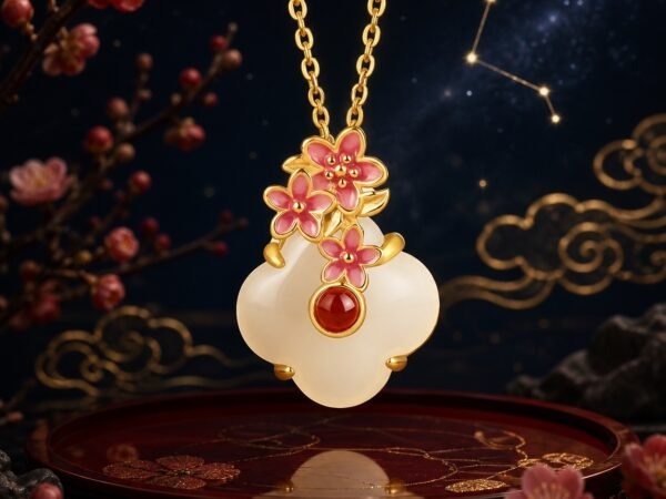 Aries Plum Blossom Necklace with a white chalcedony pendant, red agate detail, gold-tone chain, and plum blossom flowers.