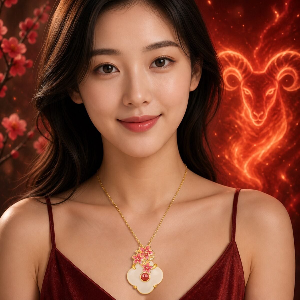 aries-eastern-guardian-flower-necklace-02-worn-light Aries Eastern Zodiac Guardian Flower Goddess Necklace – Plum Blossom