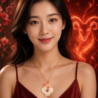 aries-eastern-guardian-flower-necklace-02-worn-light Aries Eastern Zodiac Guardian Flower Goddess Necklace – Plum Blossom