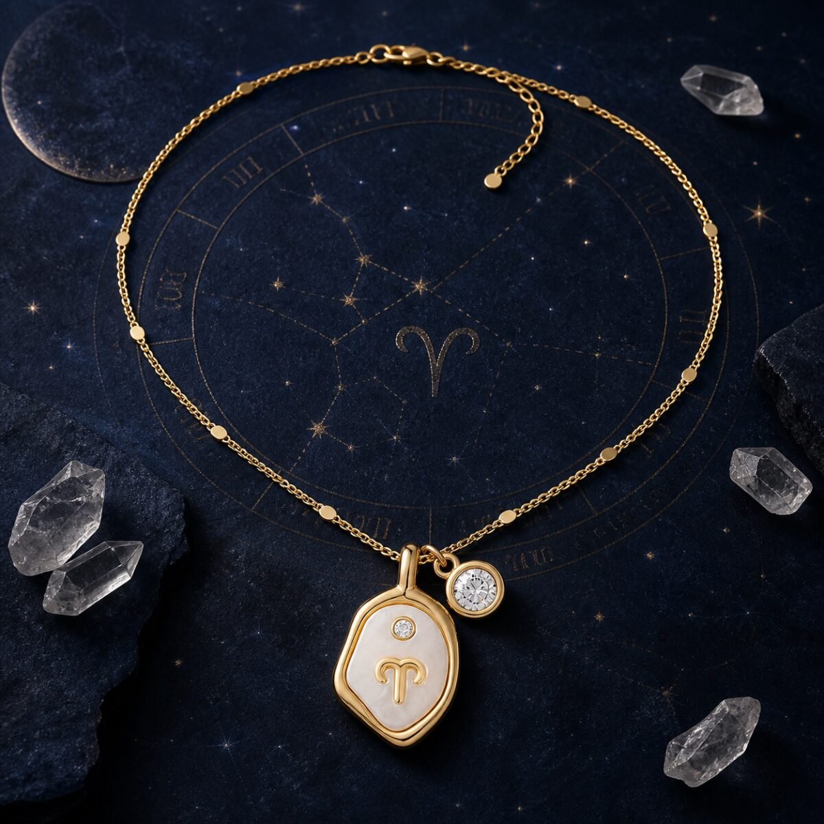 Zodiac birthstone necklace with pearlescent Aries medallion and clear quartz charm