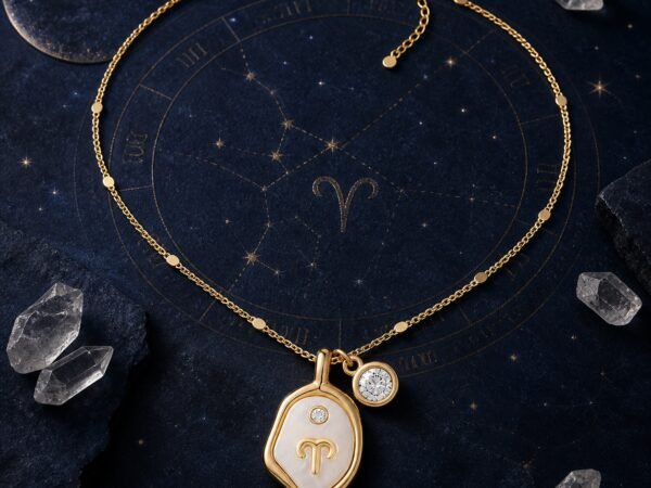 Zodiac birthstone necklace with pearlescent Aries medallion and clear quartz charm
