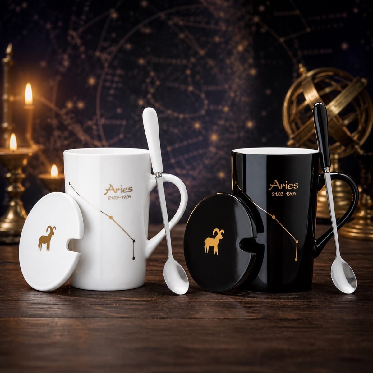 Aries Ceramic Mug Set with gold-fired constellation design, ceramic lid, and spoon