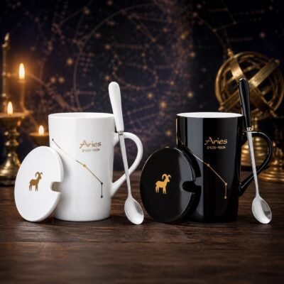Aries Ceramic Mug Set with gold-fired constellation design, ceramic lid, and spoon
