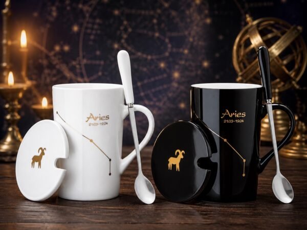 Aries Ceramic Mug Set with gold-fired constellation design, ceramic lid, and spoon