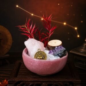 Aries Crystal Micro-Landscape Desk Decor with rose quartz, amethyst, clear quartz, botanical accents, and zodiac medallion