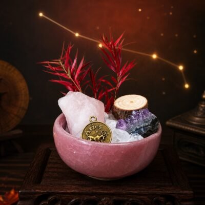 Aries Crystal Micro-Landscape Desk Decor with rose quartz, amethyst, clear quartz, botanical accents, and zodiac medallion