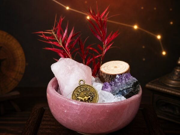 Aries Crystal Micro-Landscape Desk Decor with rose quartz, amethyst, clear quartz, botanical accents, and zodiac medallion