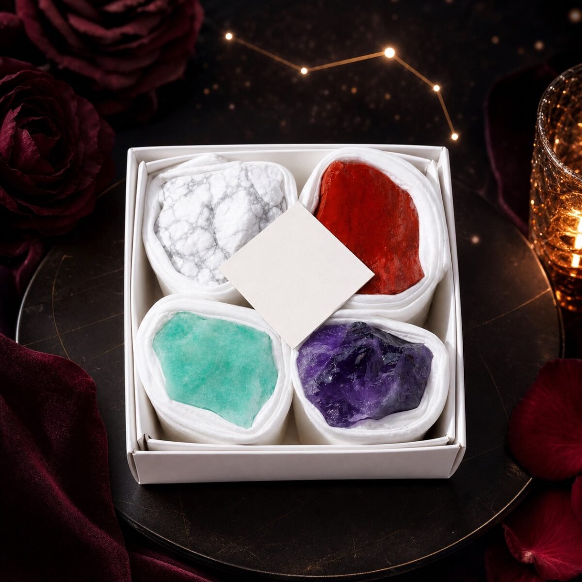 Aries Four Raw Crystal Gift Set with white howlite, red jasper, amazonite, and amethyst
