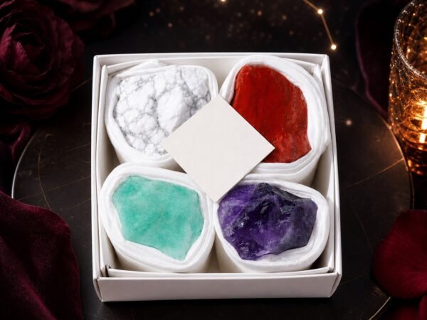 Aries Four Raw Crystal Gift Set with white howlite, red jasper, amazonite, and amethyst