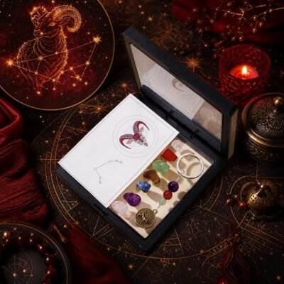 aries-zodiac-seven-chakra-crystal-keychain-gift-set-01-box Aries Seven Chakra Crystal Keychain with seven raw stones, three accent beads, and brass-tone medallion