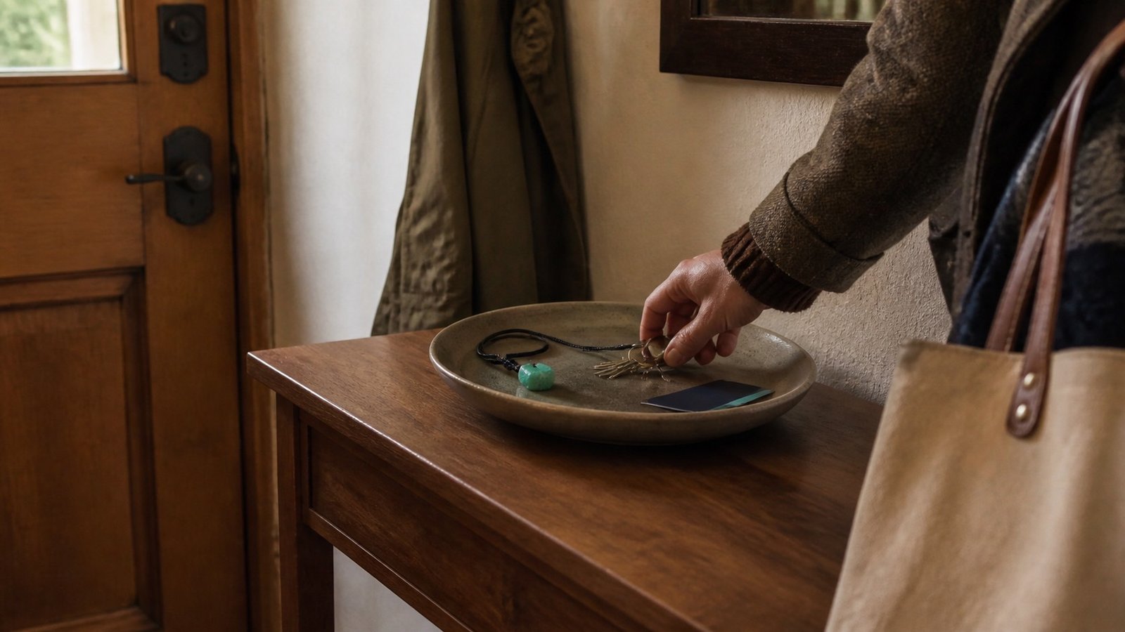 A person places keys into a shallow entryway bowl beside a green stone