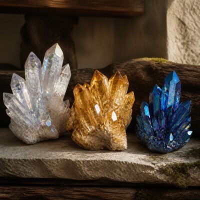 Aura crystal cluster collection with natural multi-point crystals in clear, gold, and blue tones and an iridescent finish